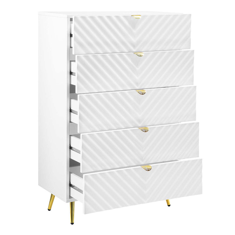 Commode 5 tiroirs Gaines, finition blanche ultrabrillante