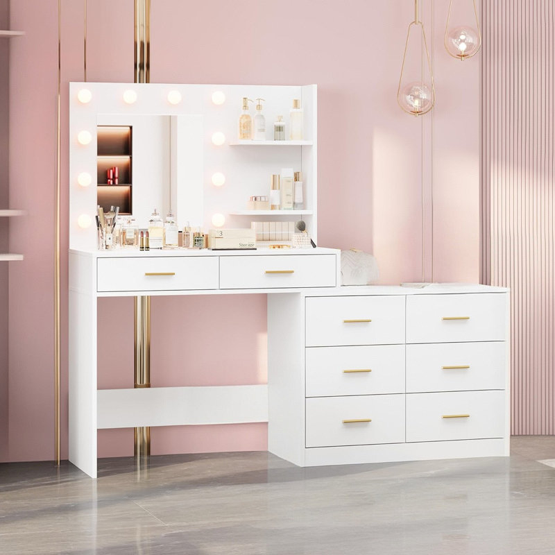61" Make Up Vanity Desk with Mirror and Lights, Vanity with 8 Wide Storage Drawers & 2 Tier Shelves, 3 Lighting Modes with Adjustable Brightness, Vanity Desk for Bedroom