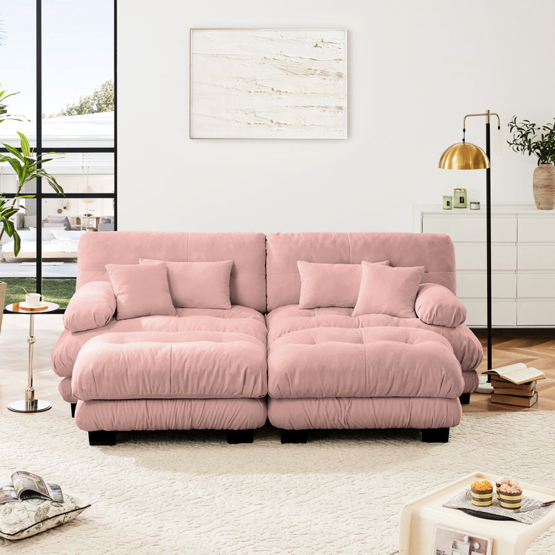 Canapé-lit 2 places en chenille rose avec coussins lombaires, coussins décoratifs et repose-pieds - traversin exquis, Rose