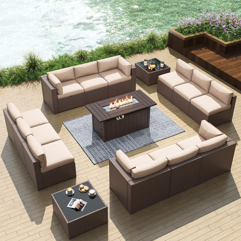Melisandra Polyethylene (PE) Wicker 12 - Person Seating Group with Cushions and Fire Pit, Brown, Beige