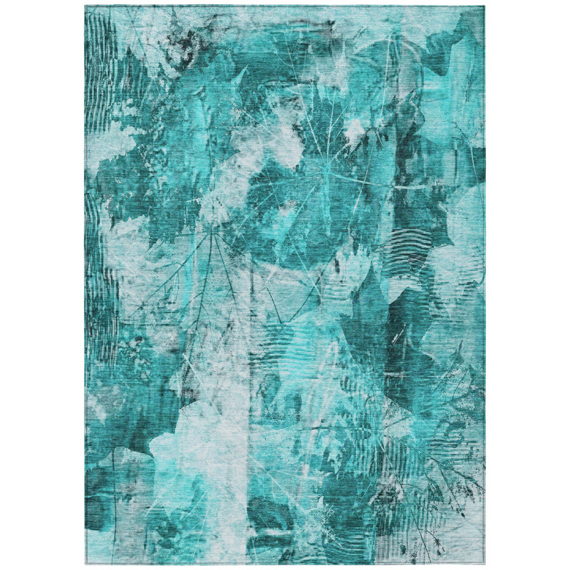 3' X 5' Teal Floral Washable Non Skid Indoor Outdoor Area Rug