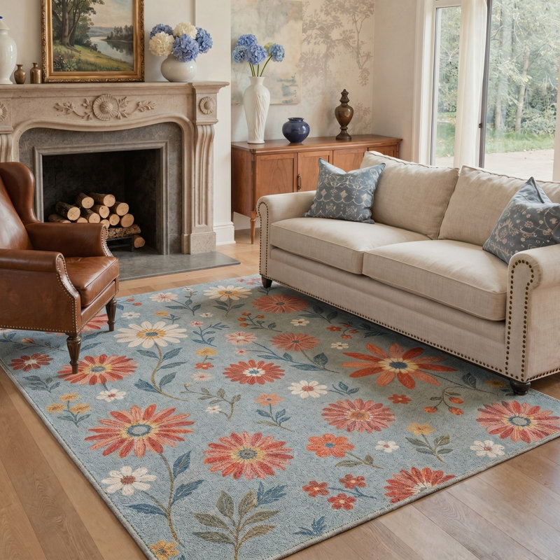 Tapis bleu sarcelle / orange lavable à la machine avec envers antidérapant, Rectangle 8' x 10'