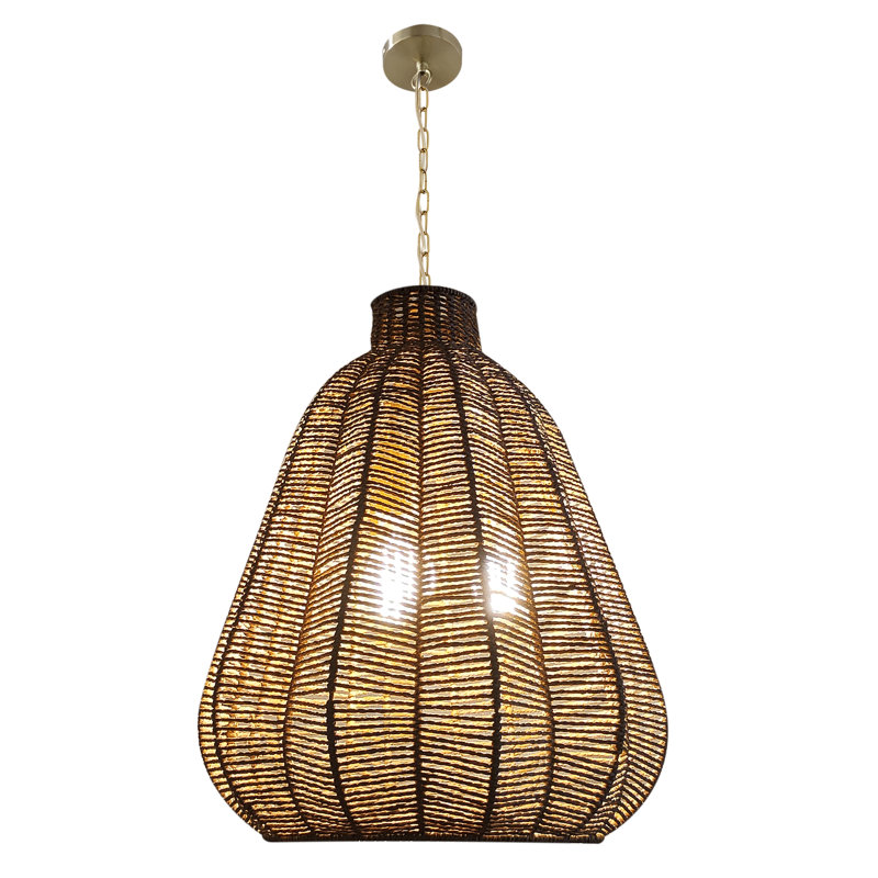 Rustic Twisted Rope Pendant Light with Gold Chain – Handcrafted Boho Hanging Ceiling Fixture for Dining Room, Living Room, Bedroom, or Kitchen – Natural Rattan Woven Rope Design, E26 Bulb Compatible (16"/24")