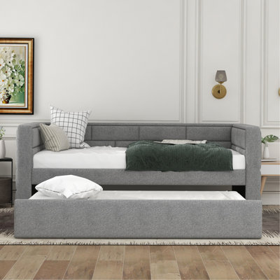 Lit de jour simple avec couchette en gris, rembourré, confortable et rembourré à dossier gigogne
