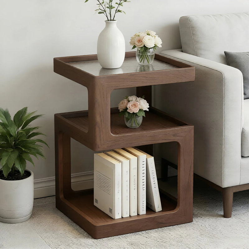 Solid Wood Nightstand with Sensor Light – 3-Tier Glass Top End Table