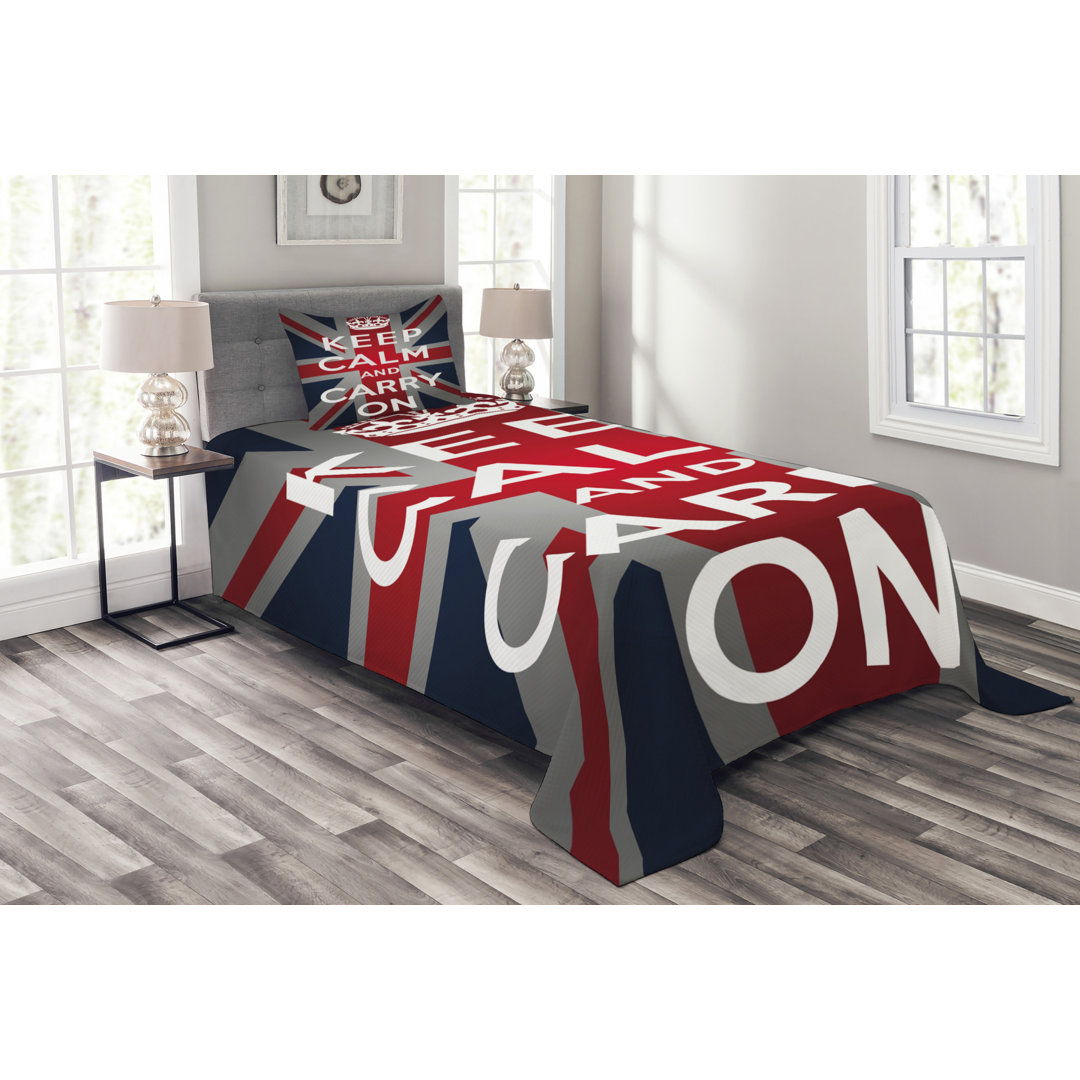 Gestepptes Bettdecken-Set, Wörter Crown UK Flagge, Union Jack, Weiß Blau Rot