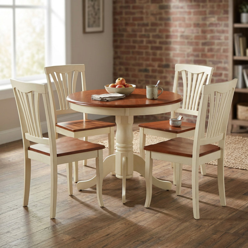 Ensemble table et chaises de salle à manger rondes en bois massif de cerisier couleur babeurre, piètement central et dossier à lattes