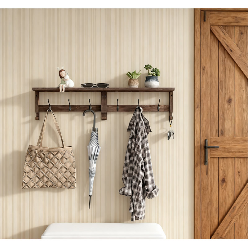 Portemanteau mural avec tablette, organisateur de hall d'entrée à 10 crochets, solution de rangement suspendue en bois massif pour la maison et le bureau