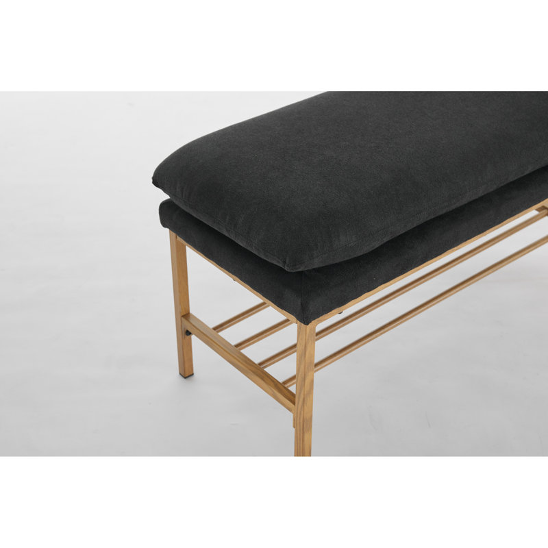 Upholstered Shoe Storage Bench With Cushioned Seat, End Of Bed Bench With Open Shelf And Metal Legs For Entryway, Black