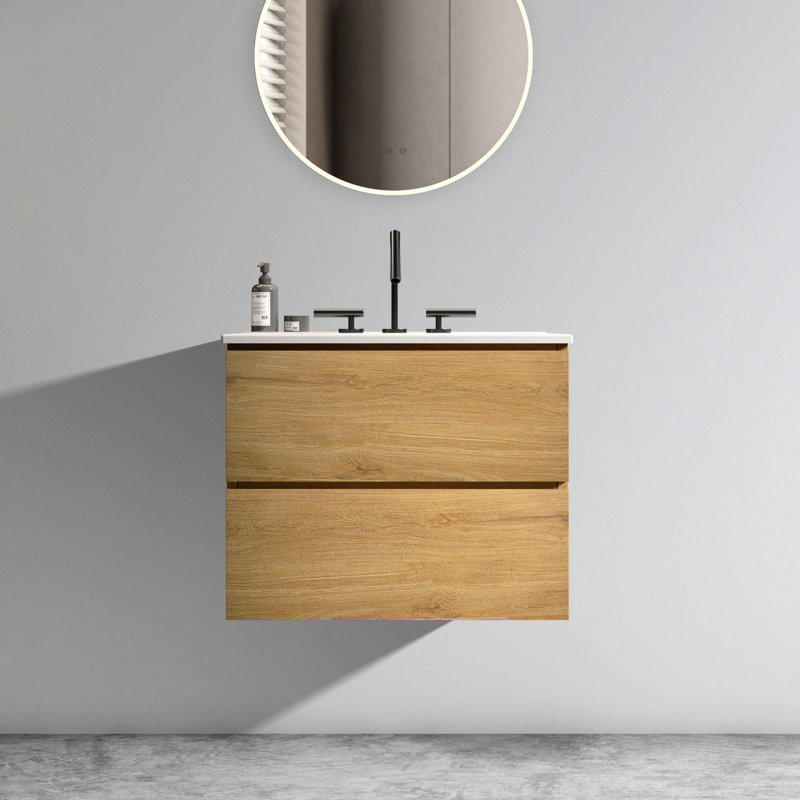 Meuble-lavabo moderne en chêne naturel - 24 po, lavabo en céramique, système de tiroir silencieux atypique 24 po, style, 24"