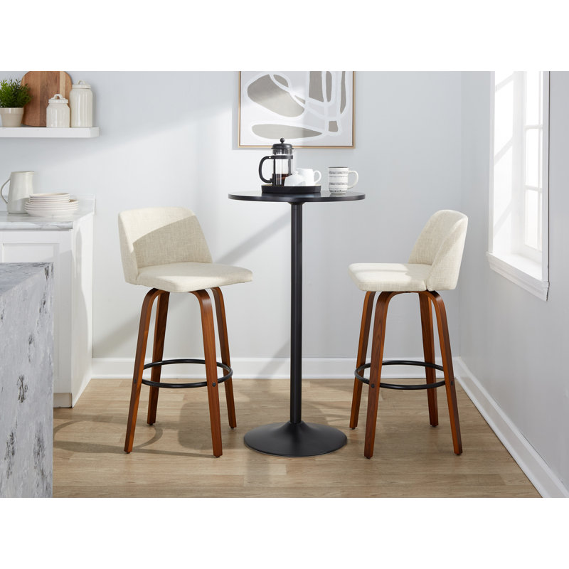 Thea 30" Fixed-Height Bar Stools with Bent Wood Legs & Round Footrest, Walnut/Black, Cream Polyester Blend 