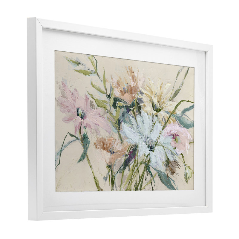 «Gentle Pastel Blossoms», reproduction sous verre encadrée, conception de Susan Pepe, H 17 po x l 23 po, Cadre blanc côtier