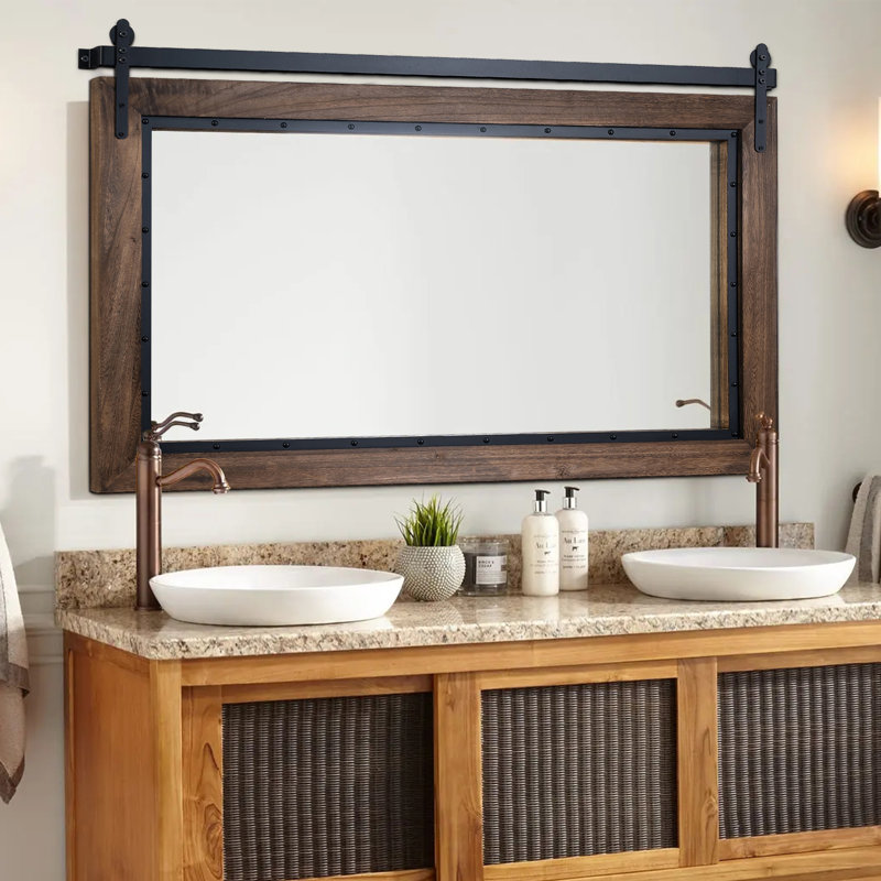 Farmhouse Barn Door Style Natural Wood Bathroom Vanity Wall Mirror, 26'' x 40''