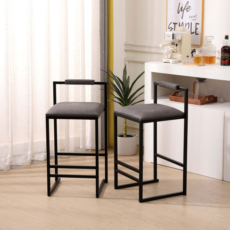 Bar Stool With Backrest Set Of 2 Counter Height Upholstered Bar Chairs With Footrest, Gray