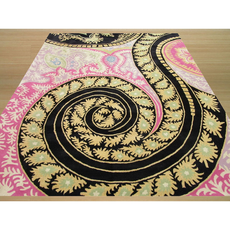 Opulent Nina Black Hand Tufted Wool Orange Transitional Floral Area Rug, Square 7'9"