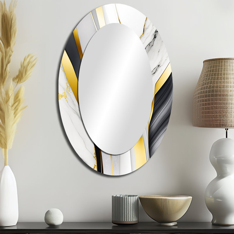 Abstrait Geode Waves Gray II - Miroir mural moderne gris ovale, 36 po x 24 po
