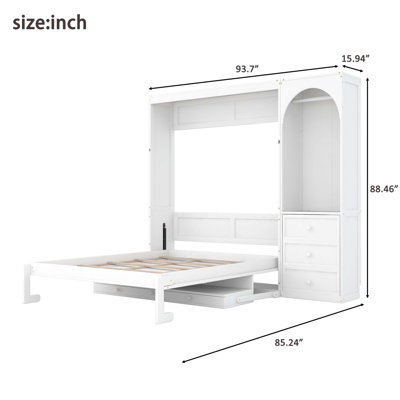 Grand lit escamotable avec tablette de rangement, tringle à penderie à lumière DEL et 3 tiroirs, brun