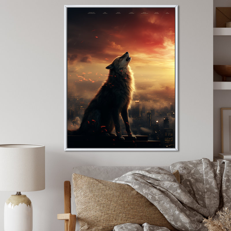 Loup jaune hurlant au coucher du soleil - loup, art mural, Cadre flottant blanc, H 40 po x l 30 po x P 1,5 po