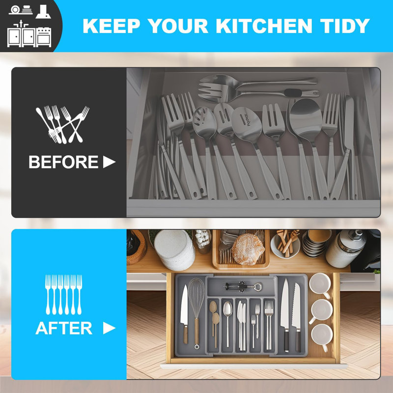 Barthelmess Plastic Rectangle Chest / Box Expandable Kitchen Drawer Organiser Cutlery Tray, Grey