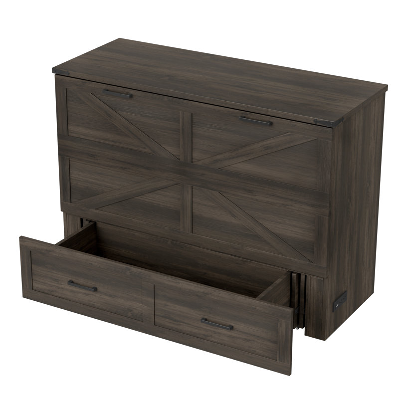 Lit escamotable double avec tiroir de charge et de rangement, Gris rustique, Lit double