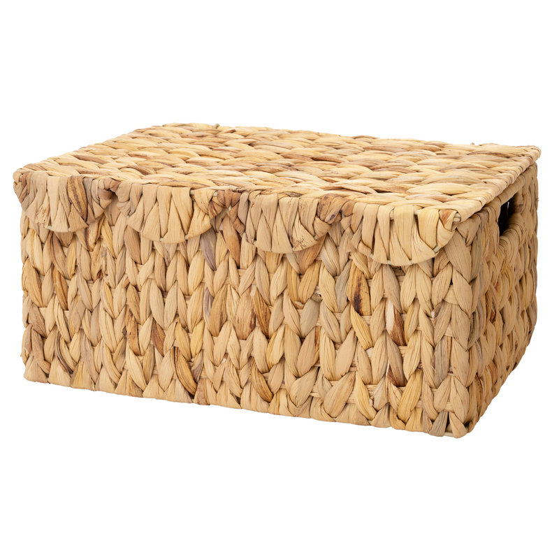 Handwoven Wicker Basket with Scalloped Lid, Water Hyacinth Storage Basket with Built-in Handles for Shelves