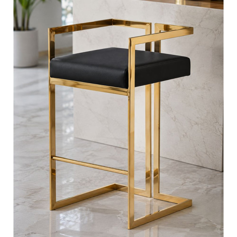 Mantis Faux Leather Stool, Black, Gold