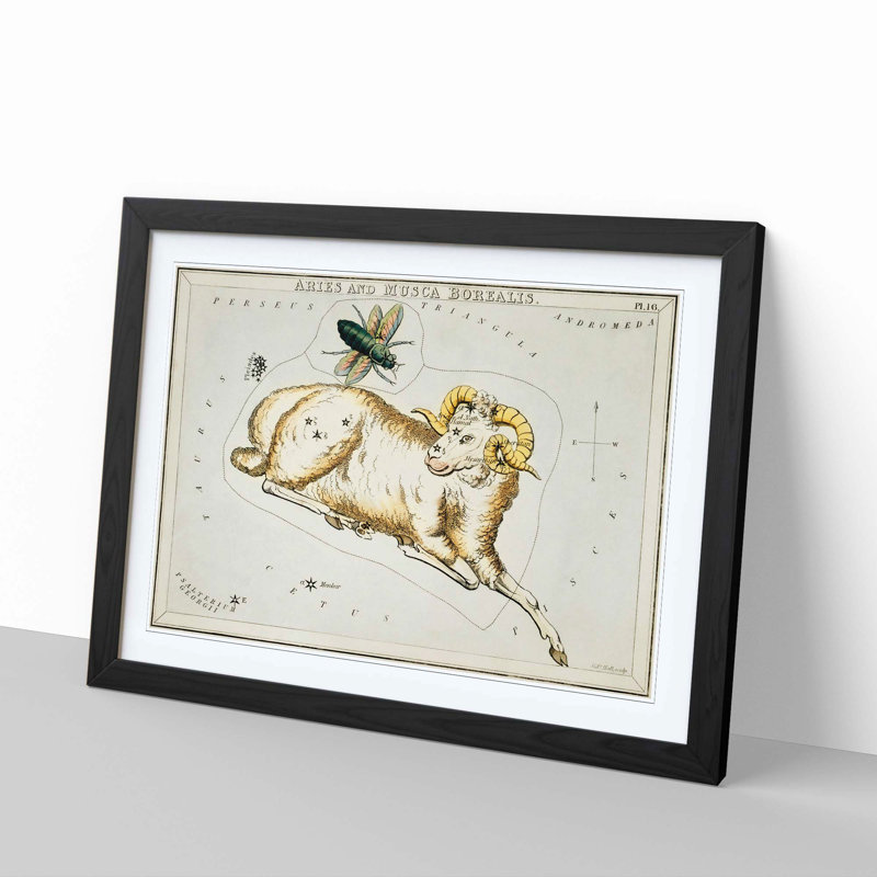 Astronomical Zodiac Chart Of The Aries - Single Picture Frame Painting, 33cm H x 45cm W x 2cm D, Black