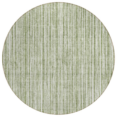 8' Green And Ivory Round Striped Washable Indoor Outdoor Area Rug