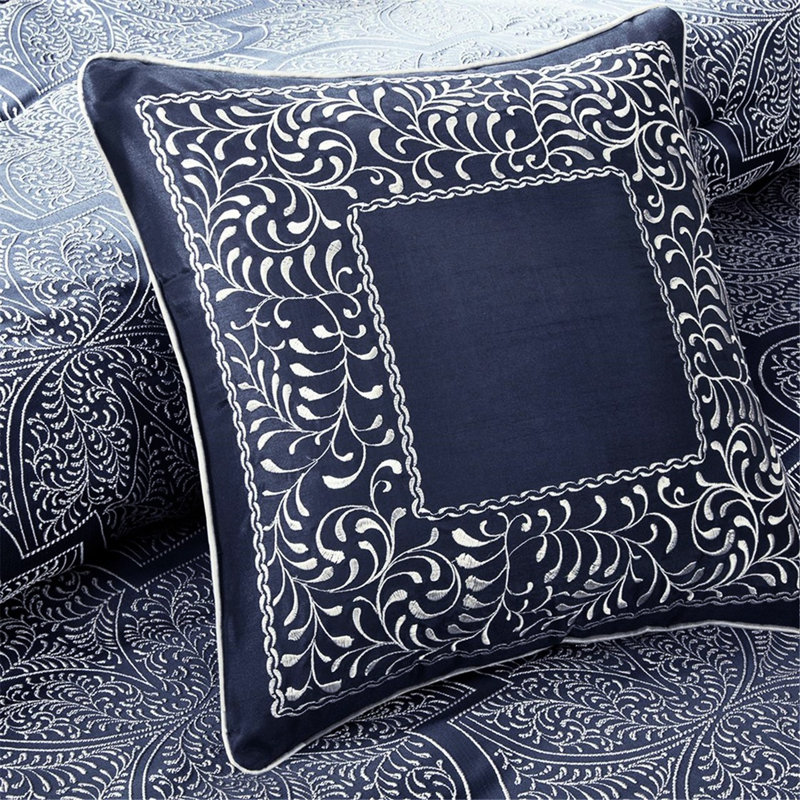 Édredon bleu marine - 8 pièces avec un beau design et une jupe de lit, 100%, oreillers brodés inclus, literie de taille superbe, superbes taies décoratives européennes, rembourrage, lavage en machine à froid