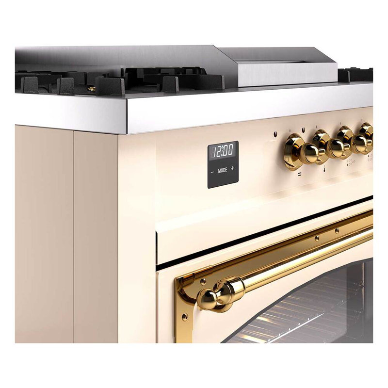 ILVE Nostalgie II Noblesse 60 in Dual Fuel Range 7 Burner, Griddle, Frenchtop, Antique White/Brass, Liquid Propane