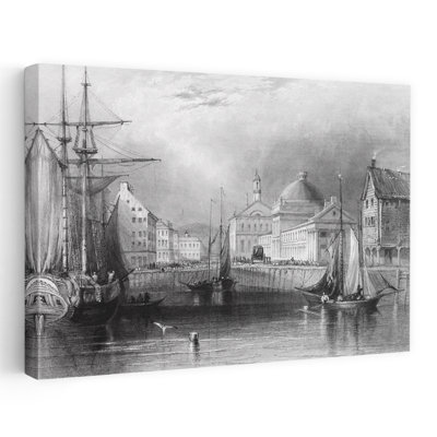 Horizon des années 1840, Boston, Massachusetts, au bord de l'eau, montrant la gravure de la salle Fanueil par T. A. Prieur de Bartlett, architecture rétro ...