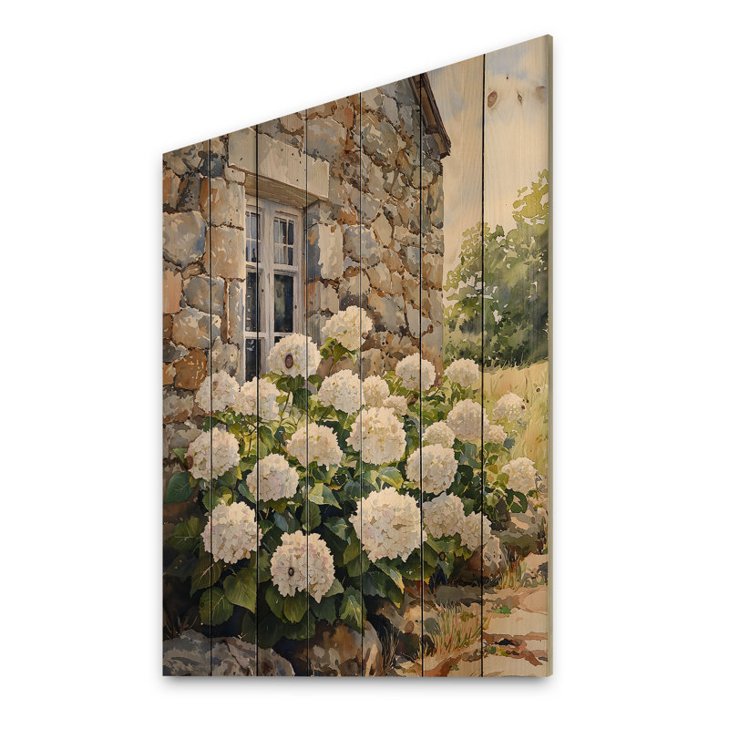 Hortensias dans le jardin de la cour - Décoration murale en bois d'hortensias - sur bois de pin naturel