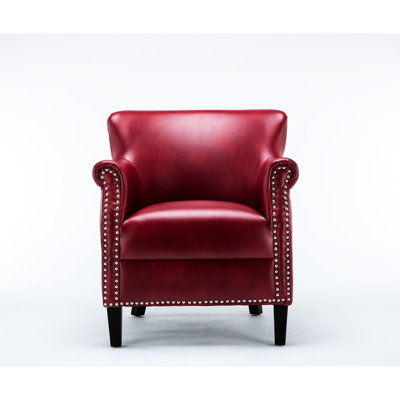 Fauteuil club rouge - siège en similicuir à la mode, structure en bois franc robuste, rembourrage en mousse confortable, garniture de tête de clou décorative élégante, rembourrée, hauteur des accoudoirs de 26 po, sans assemblage