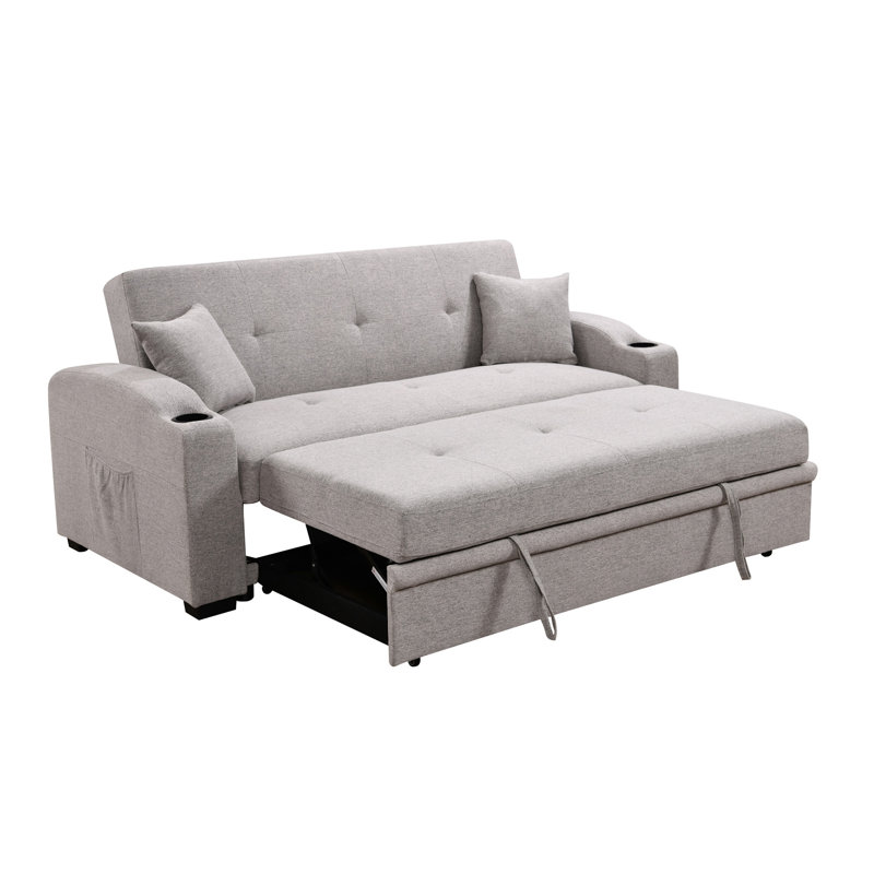 Convertible Modern Sofa with Convenient Pull Out Bed with Cup Holders,Pillows and Pockets, Light Gray