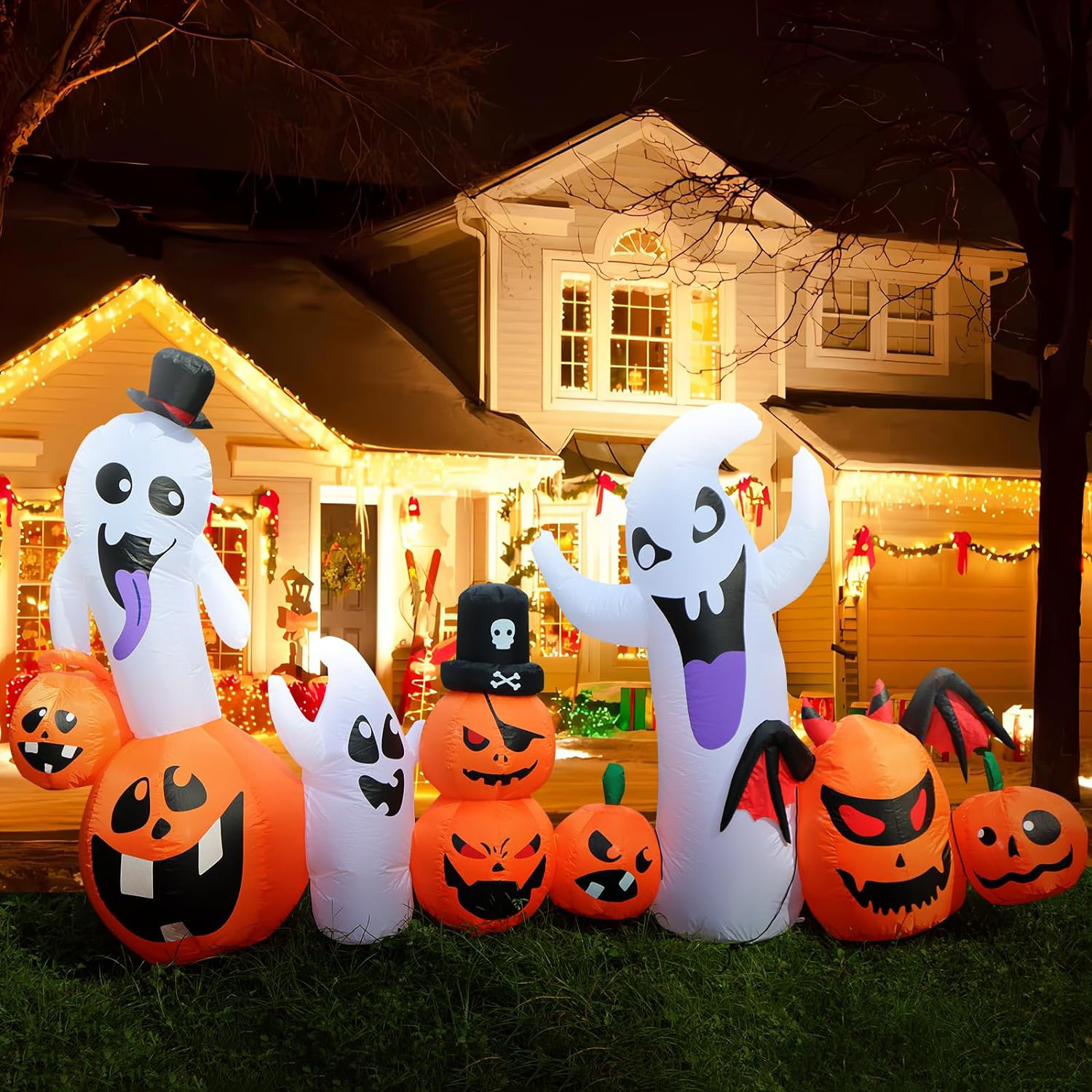 The Holiday Aisle® 8 FT Halloween Inflatable Ghosts With Pumpkins