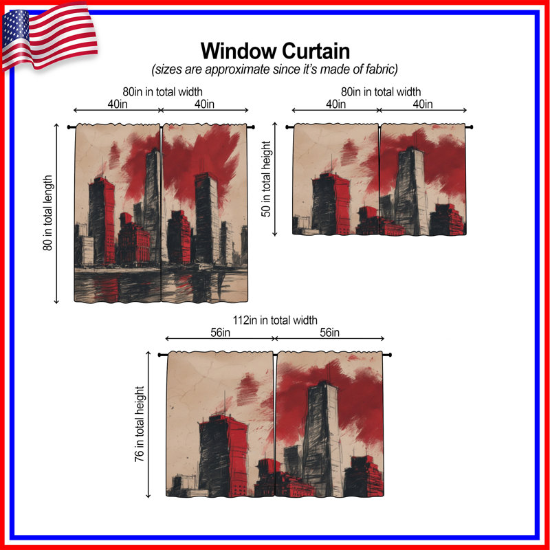 Rideaux rouges et gratte-ciel Red Skyscraper Skyline, 20 po x 50 po - 2 panneaux, Transparent