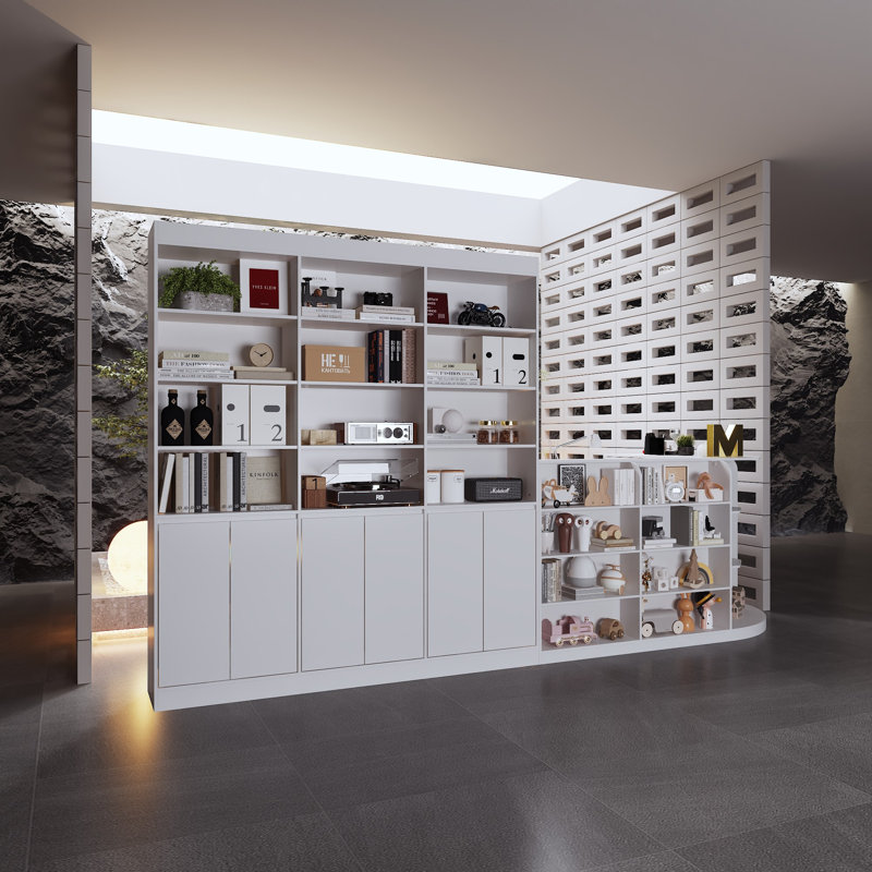 Bureau de réception moderne avec bibliothèque intégrée et armoires de rangement en forme de L