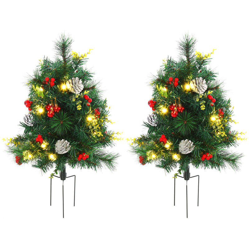 Paquet de 2 arbres de Noël pour l'extérieur, pin artificiel sans cordon avec piquets