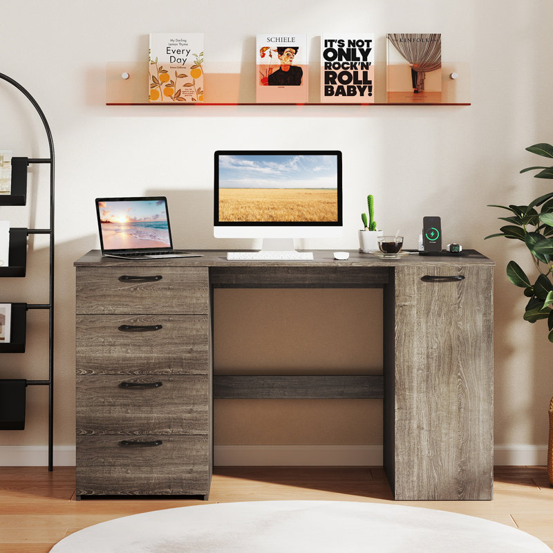 Computer Desk with Built-In Electrical Outlet, Gray