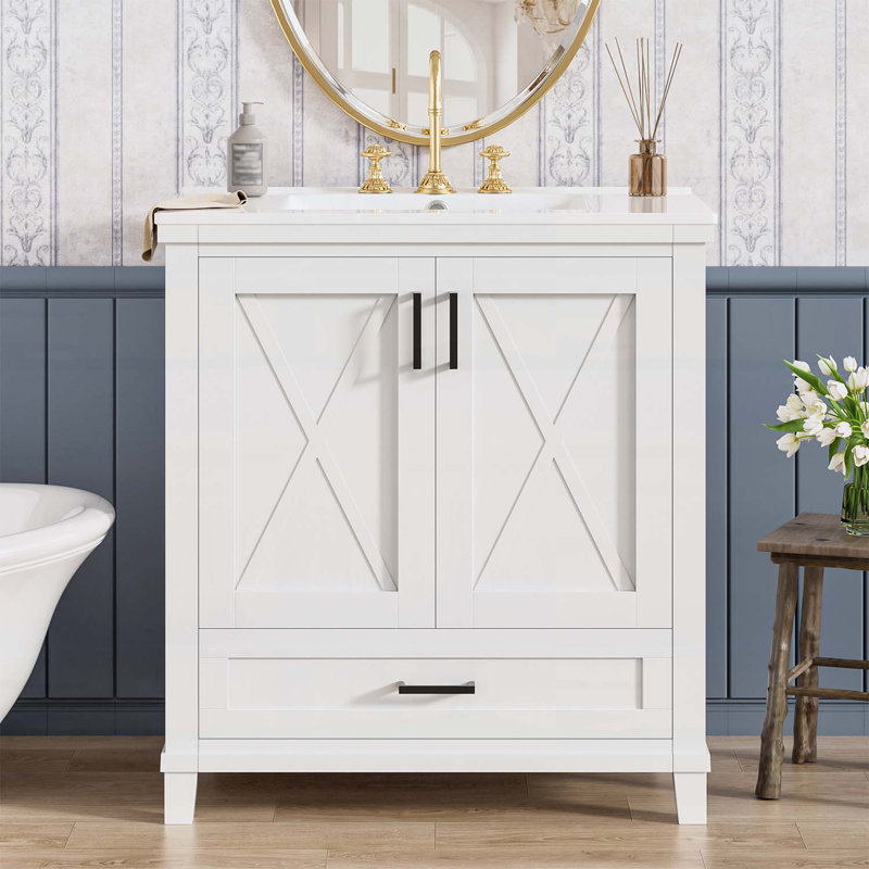 Meuble-lavabo de 30 pouces avec lavabo simple, structure en bois massif et panneau de fibres à densité moyenne, 2 portes à fermeture en douceur, 1 tiroir divisé, 2 tablettes de rangement, un grand espace de rangement, idéal pour les petites et moyenn