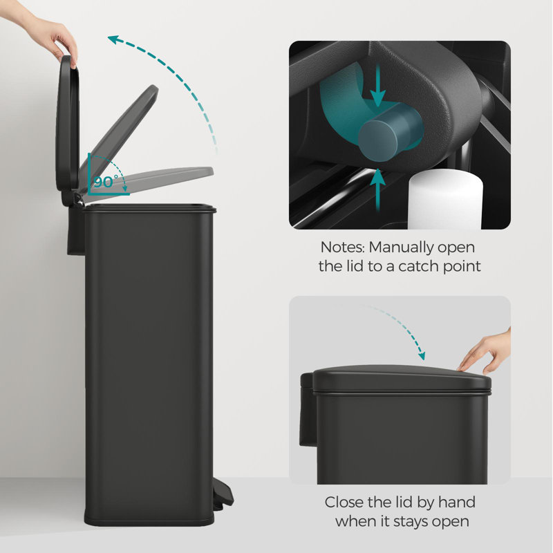 Black Stainless Steel Rectangular Pedal Trash Can with Soft Close Lid