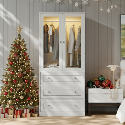 Wardrobe Closet With Drawers And Light, 75" Armoire With Hanging Rod, 2 Doors Wooden Wardrobe Cabinet For Bedroom by Ebern Designs