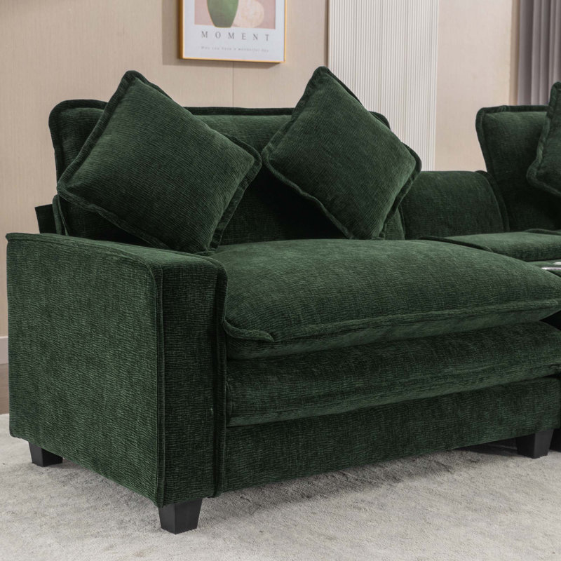 Canapé modulaire en chenille de 111 po avec deux repose-pieds amovibles, deux ports USB, deux porte-gobelets et une grande boîte de rangement pour le salon