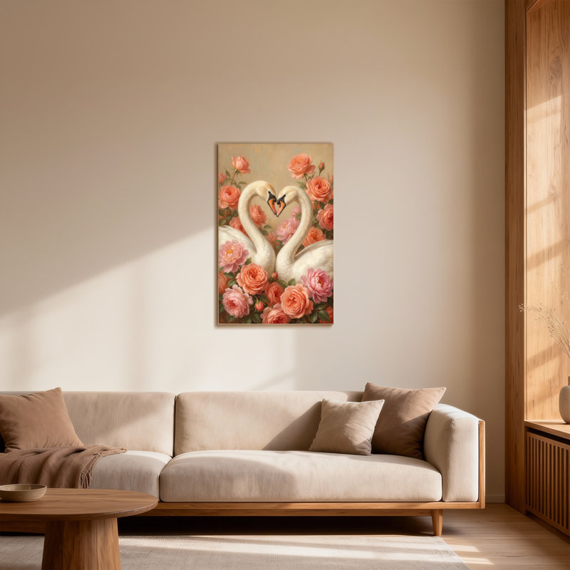Valentine's Day Swans Form Heart Amidst Roses, 18" H x 12" W