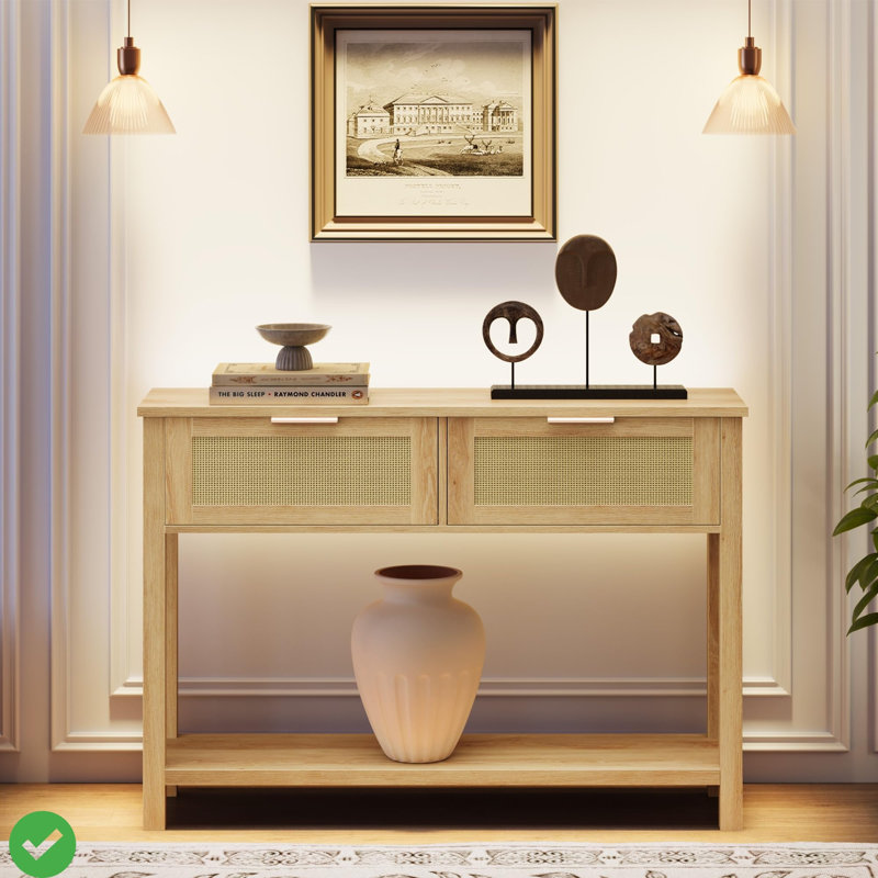 Console Console en rotin de 43 pouces, table d'entrée avec tablette de rangement à 2 tiroirs, Beige