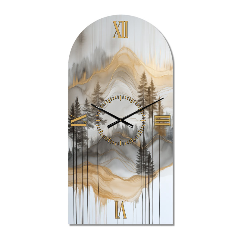 Gold Forest and Peaks Solitude Horizon I - Horloge murale en métal arquée glamour, H 39 po x l 19 po - Arche