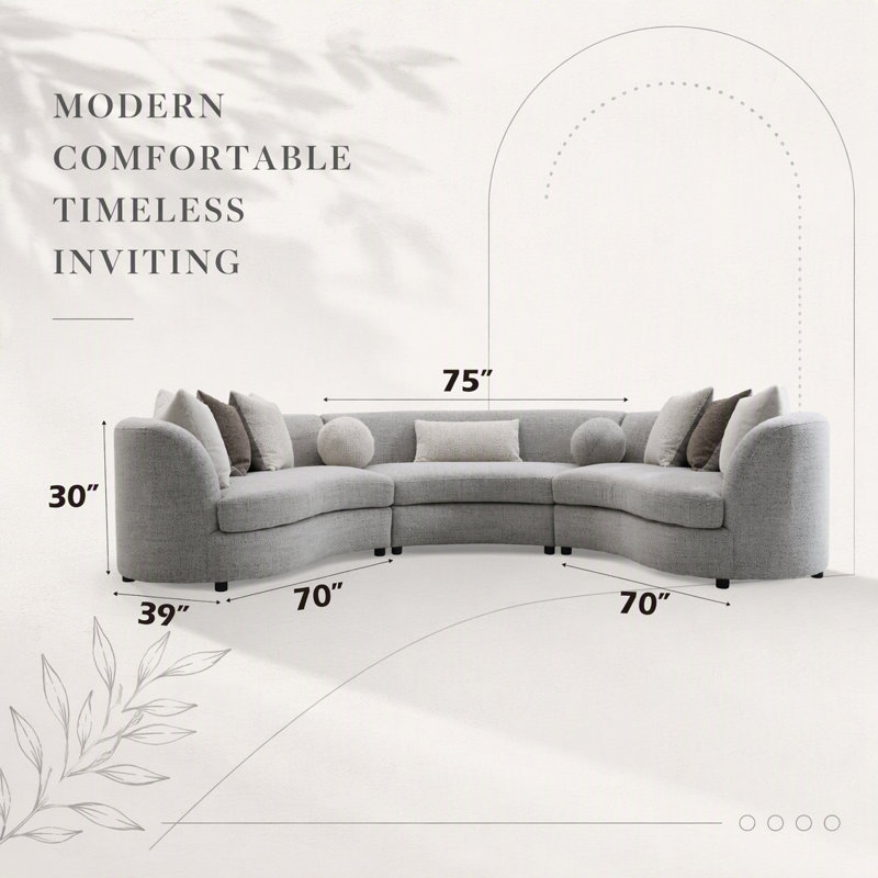 Canapé modulaire gris avec 9 coussins et motif incurvé