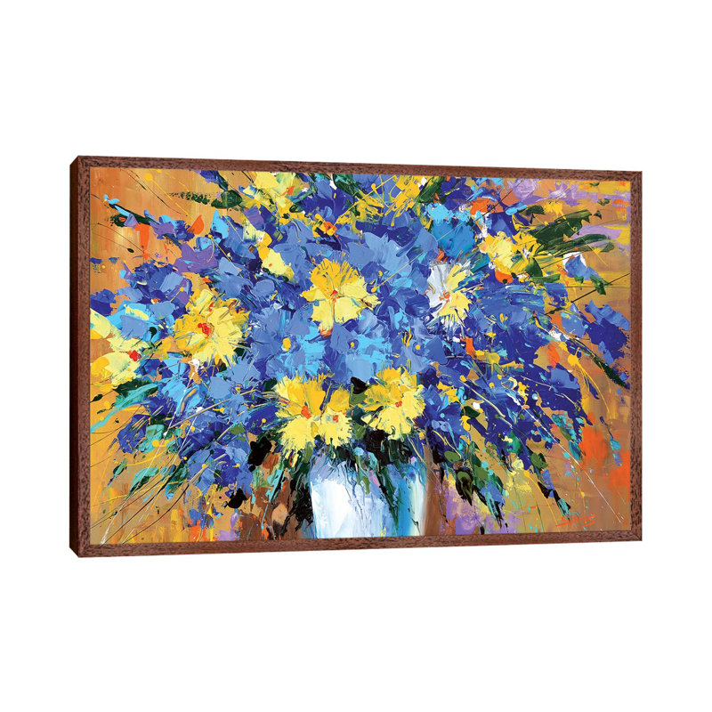 Blue Flowers by Dmitry Spiros - Painting on Canvas, Brown Floater Framed, 66.04 cm H x 45.72 cm W