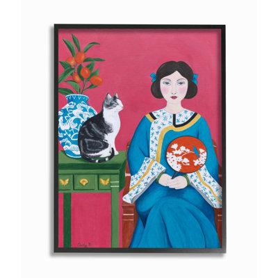 "femme chinoise" et chat vert rouge "par catherine b-sans cadre, reproduction d’art sur toile