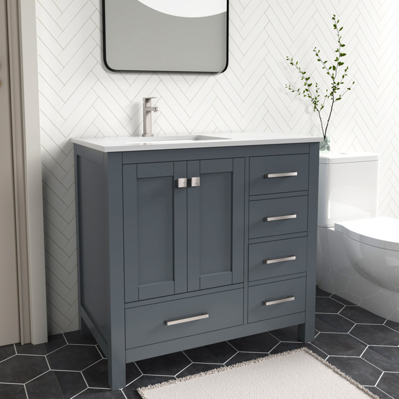 Meuble-lavabo autoportant gris anthracite avec plateau en quartz de Carrare 36 po Anvay, Gris charbon